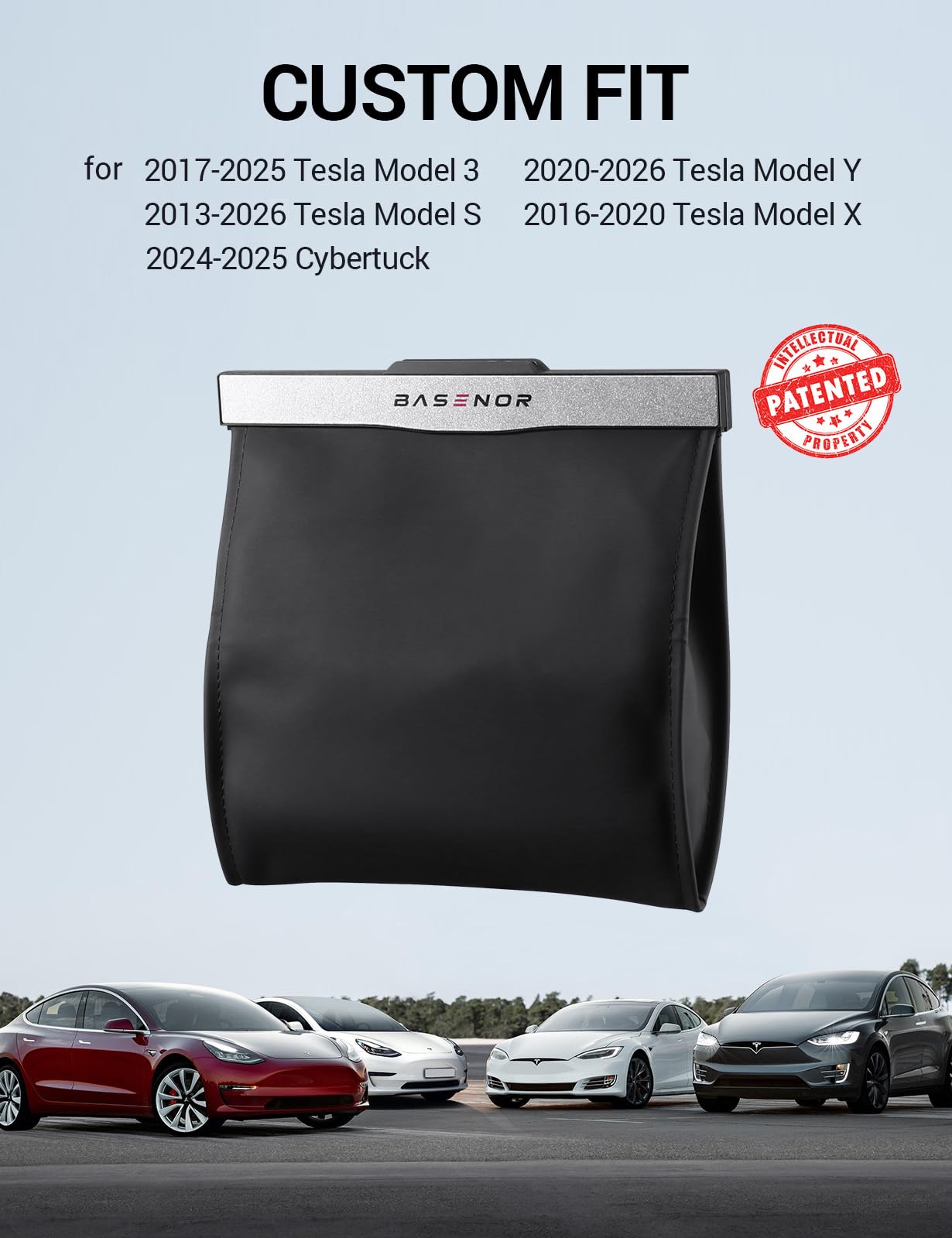 BASENOR 2026 Upgraded Tesla Model Y/3/S/X Cybertruck Trash Can, [Strong Magnetic] [Waterproof] LED Light Garbage Bin Leather Garbage Can, Seat Back Hanging Interior Accessories 2017-2026