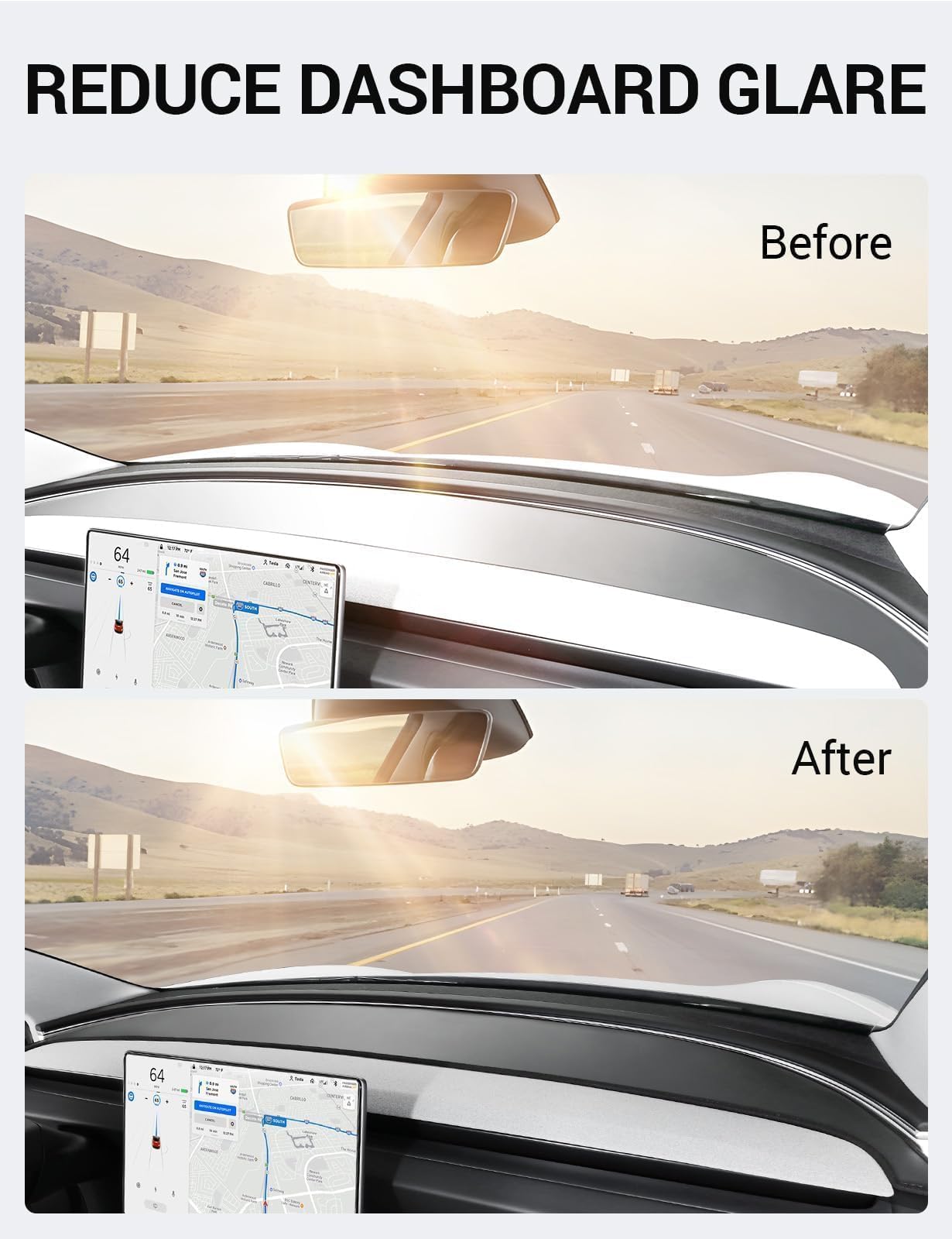BASENOR Tesla Model 3 Highland Dashboard Cover Anti-Glare Leather Dashboard Pad Sun Protection Dash Mat for 2024 2025 Tesla Model 3 Decorative Interior Accessories Black