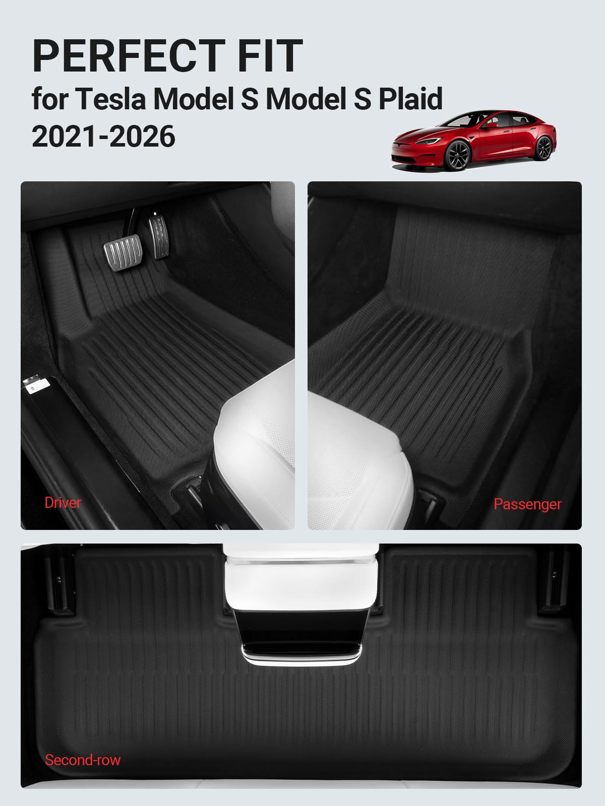 BASENOR 2026 7PCS Floor Mats for Tesla Model S Model S Plaid 3D Material Cargo Liners All-Weather Car Mats Anti-Slip Trunk Mat Model S Accessories Custom Fit 2021-2026