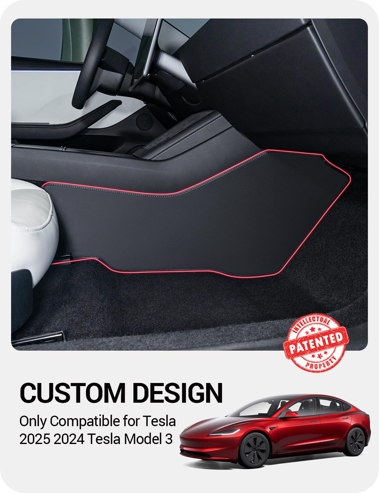 BASENOR 2025 2024 Tesla Model 3 Center Console Side Anti-Kick Mats, Waterproof & Dust Resistant Protector Cover Front Seat Side Leather Pad for Model 3 Highland Interior Accessories 2PCS