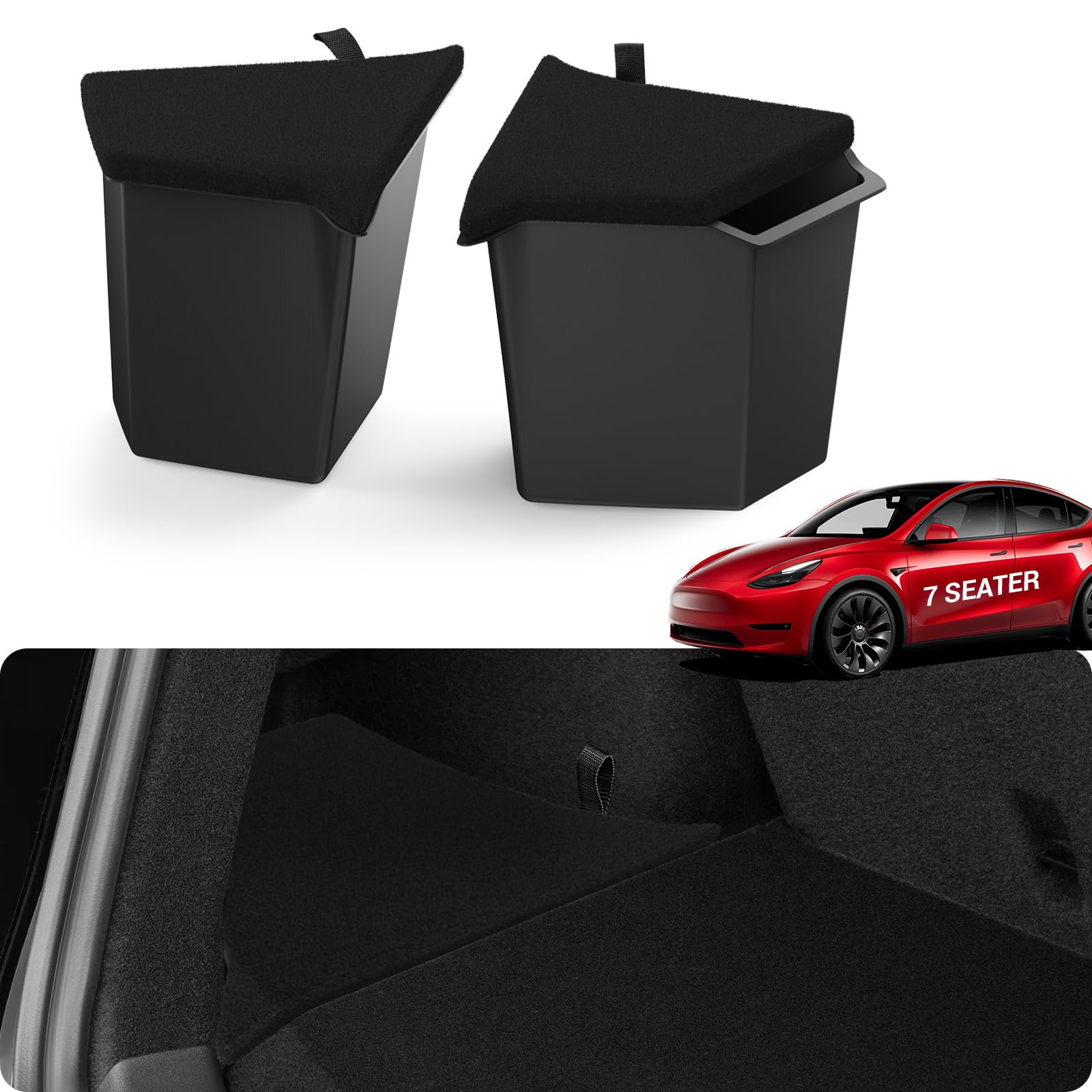 BASENOR 2021-2025 Tesla Model Y 7-Seater Trunk Storage Bins, Trunk Organizer with Carpeted Lid, Rear Trunk Side Storage Box for 7 Seat Model Y Interior Accessories