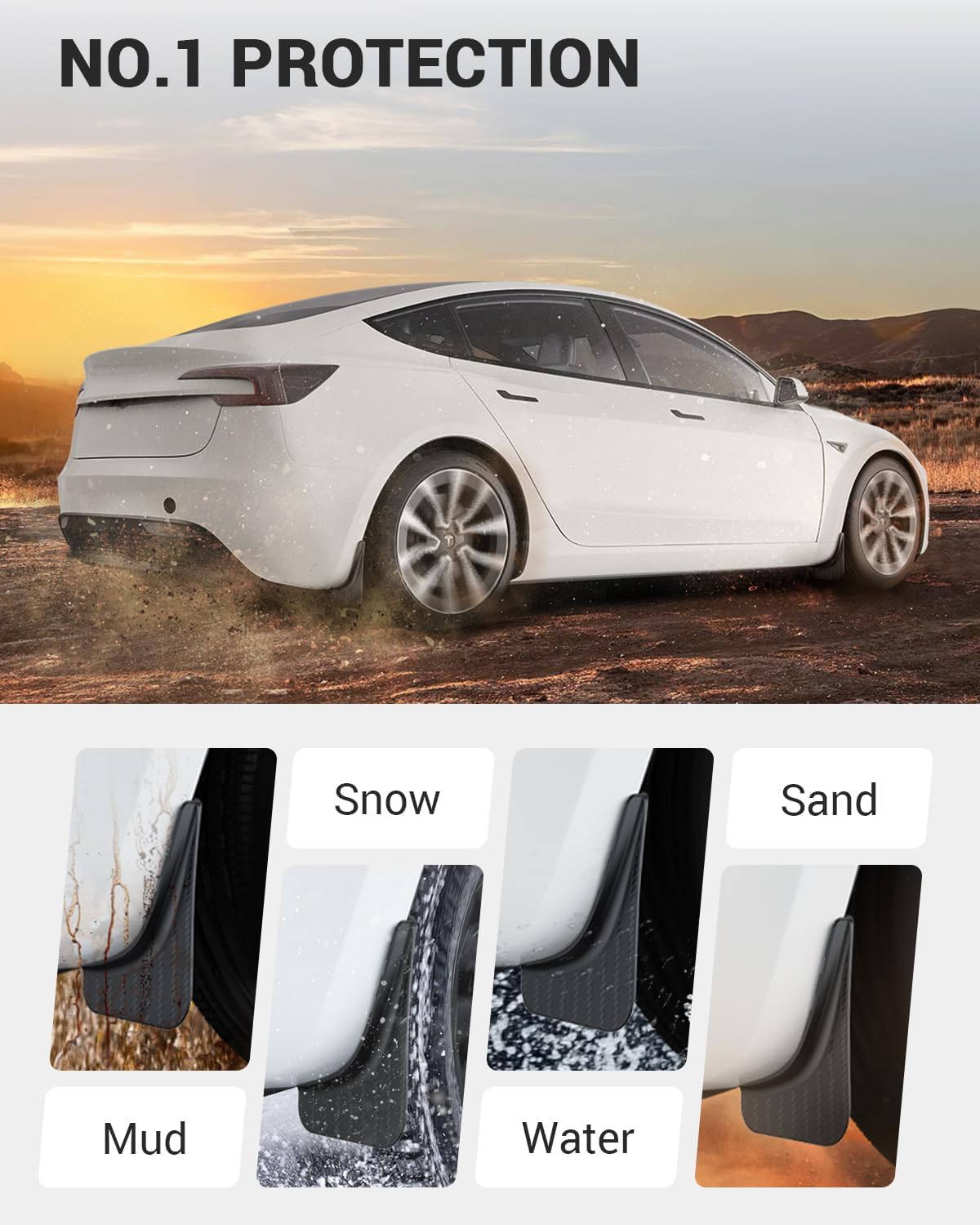 BASENOR New Version 2024 2025 Tesla Model 3 Highland Mud Flaps Splash Guards [No Drilling No Tape] [10x Stronger] All Weather Tire Protector Mudflaps for Model 3 Exterior Accessories