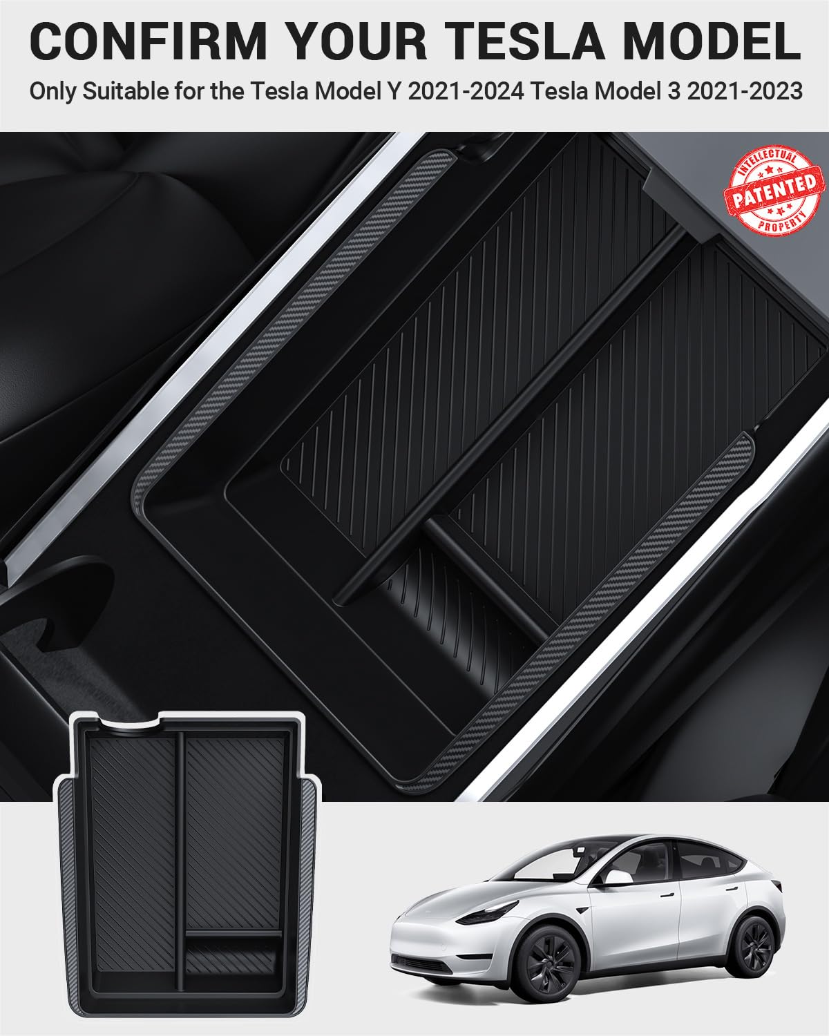 BASENOR 3PCS Tesla Model Y Model 3 Center Console Organizer [Carbon Fiber Edition] Armrest Hidden Storage Box, Custom for Model Y 2021-2024 Tesla Model 3 2021-2023, Tesla Interior Accessories