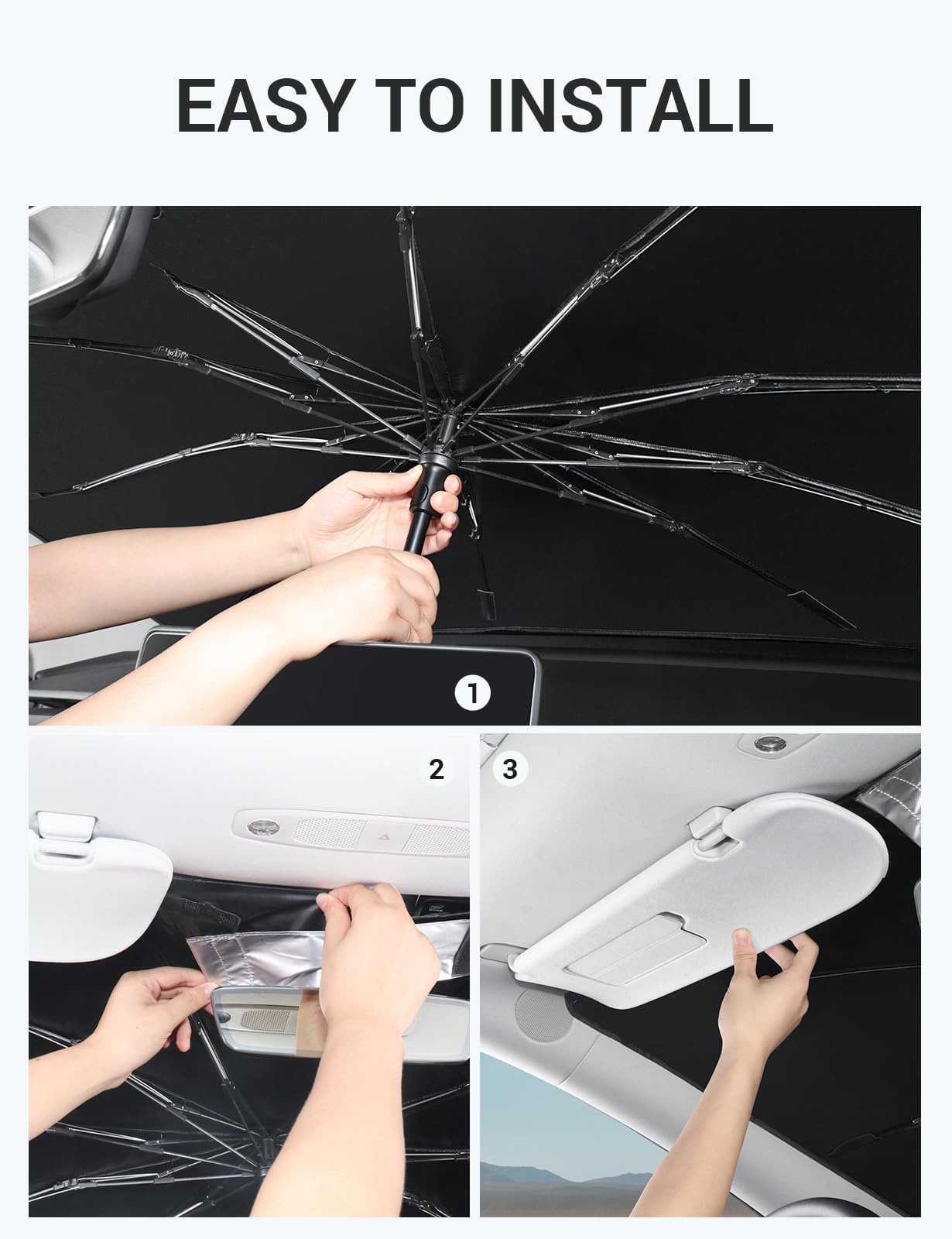 BASENOR 2017-2025 Telsa Model 3 Model Y Windshield Sunshade [Nano Ice Crystal Particle] Umbrella Front Window Sun Shade [No Gaps] Coating 100% Heat Protection Retractable Sunshades Telsa Accessories