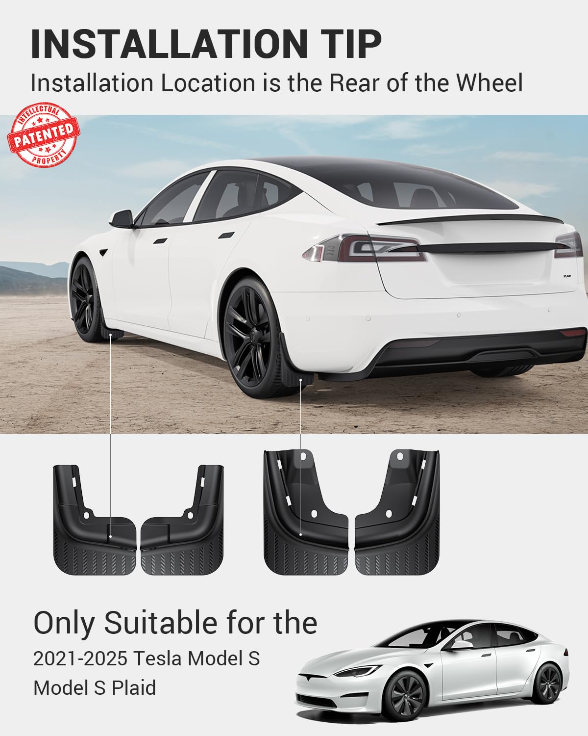 BASENOR New Version Tesla Model S/Model S Plaid Mud Flaps Splash Guards [No Drilling No Tape] [10X Stronger] All Weather Tire Protector Mudflaps for 2021-2025 Model S Exterior Accessories
