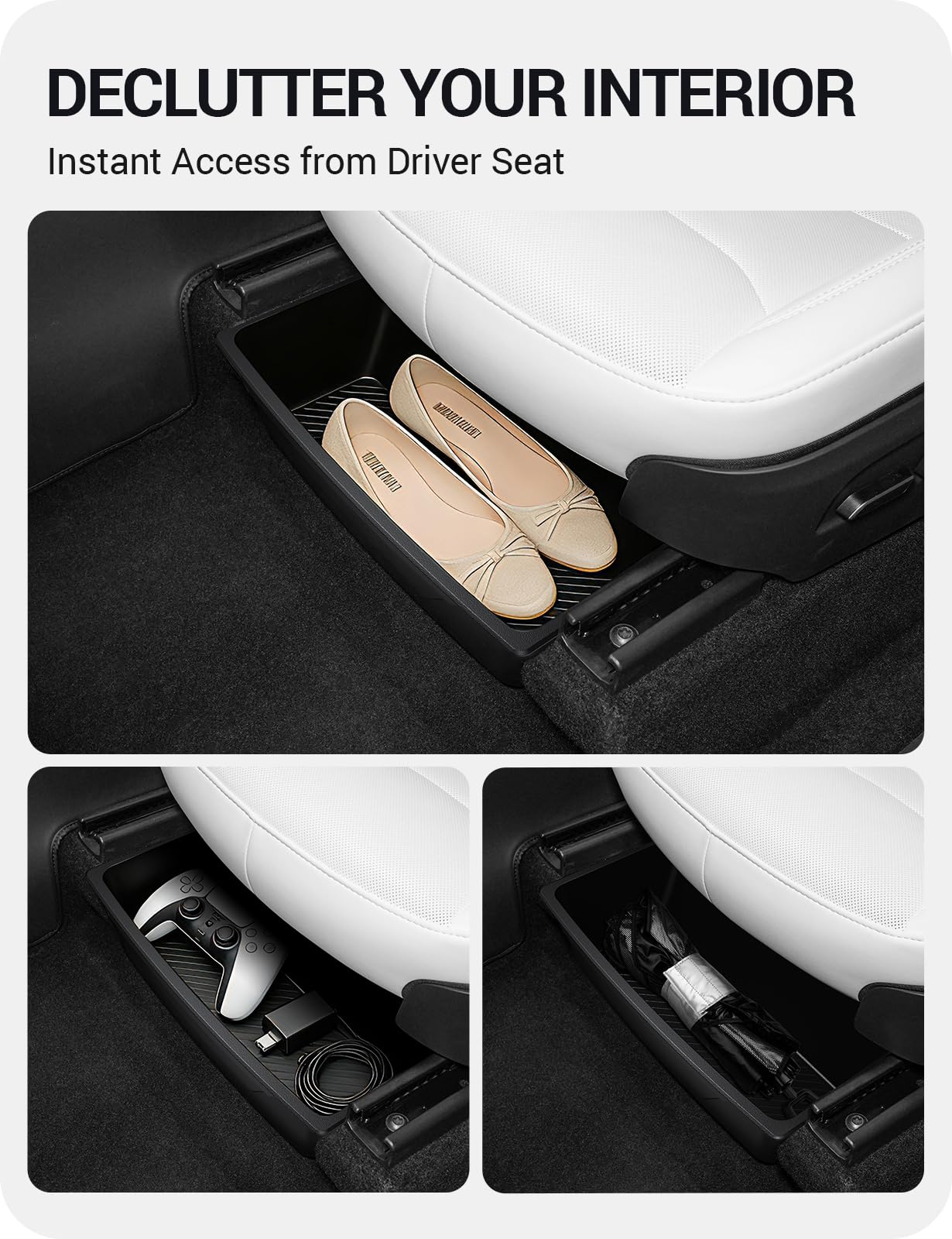 BASENOR 2PCS 2026 Tesla Model Y Juniper Under Seat Storage Box, Hidden Organizer Tray [No-Slip] with Dust Lid, Underseat Storage for 2025 2026 Model Y Juniper (Standard/Premium/Performance)