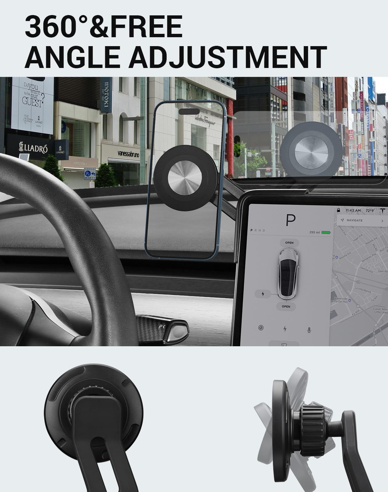 BASENOR Phone Mount for 2025 2026 Tesla Model Y Juniper Tesla Model 3 Highland [Strongest Magnet Power] Magnetic Holder 360° Adjustable Stand Accessories (Standard/Premium/Performance)