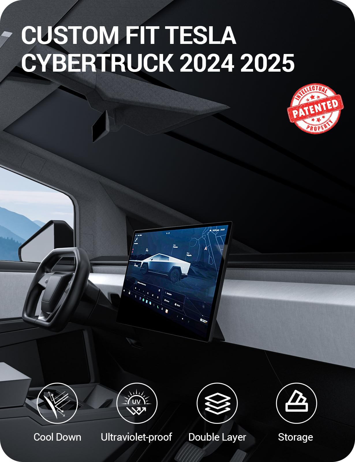 BASENOR Upgrade 2024 2025 Tesla Cybertruck Windshield Sunshade [Nano Ice Crystal Cooling] Folding Front Window Sun Shade Block UV Full Cover [No Gaps] Heat Protection Visor for Cybertruck Accessories