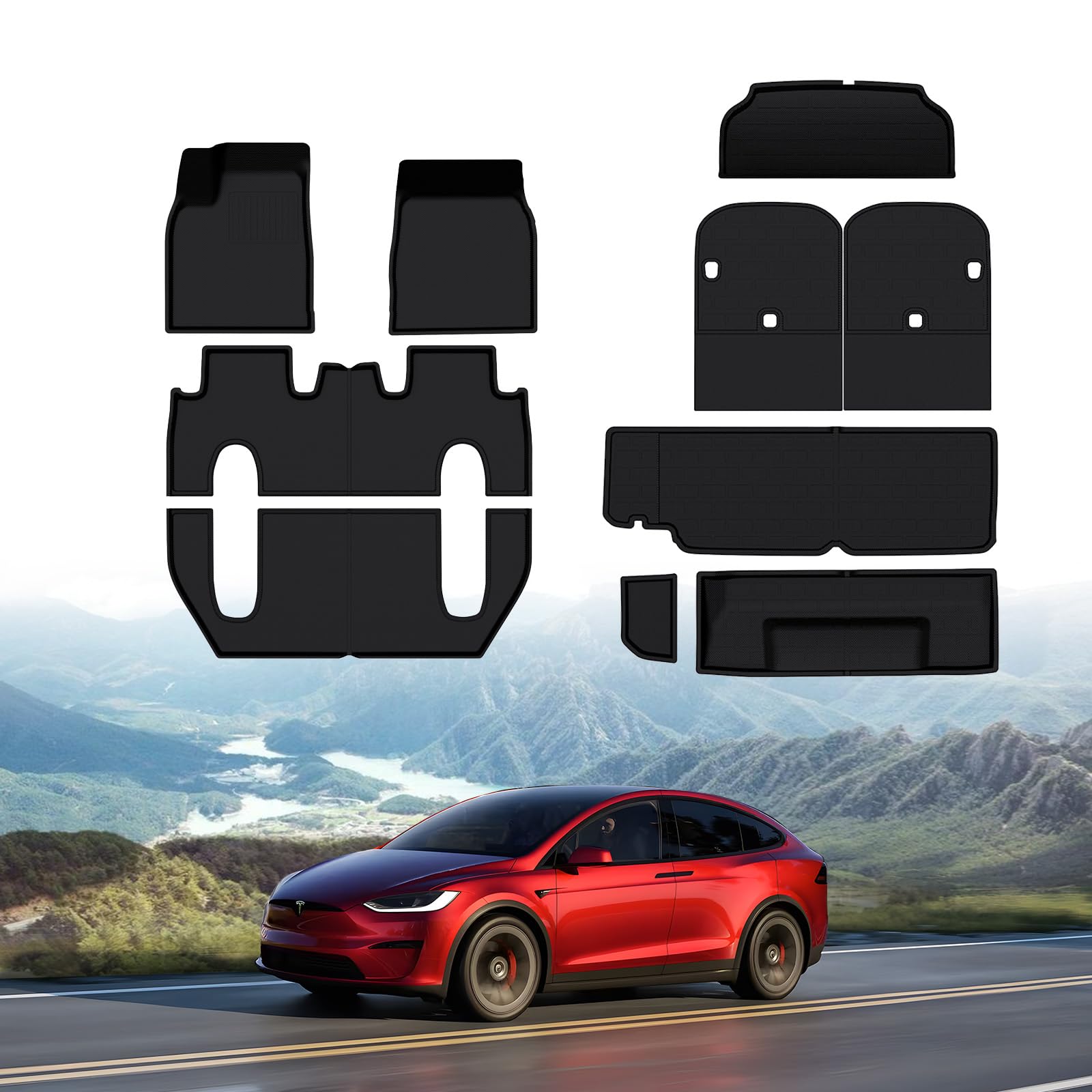BASENOR 10PCS Floor Mats for Tesla Model X 6-Seater All Weather Protection XPE Car Mats Anti-Slip Trunk Mat Cargo Liners Back Seat Cover Model X Plaid Accessories 2022-2025