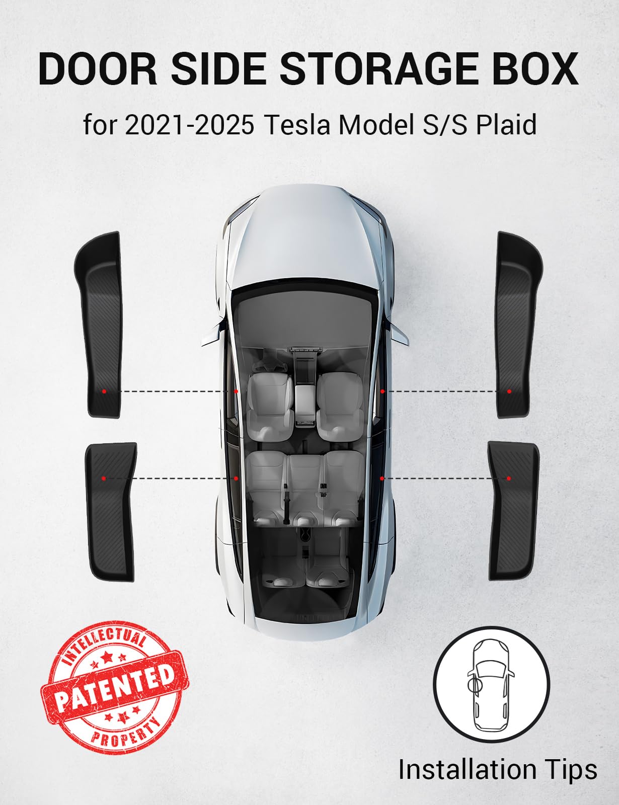 BASENOR 2021-2025 Tesla Model S Door Side Storage Box, Door Organizer Tray Front Rear Slot Pockets, Protector Liner for Model S/S Plaid Accessories Set of 4