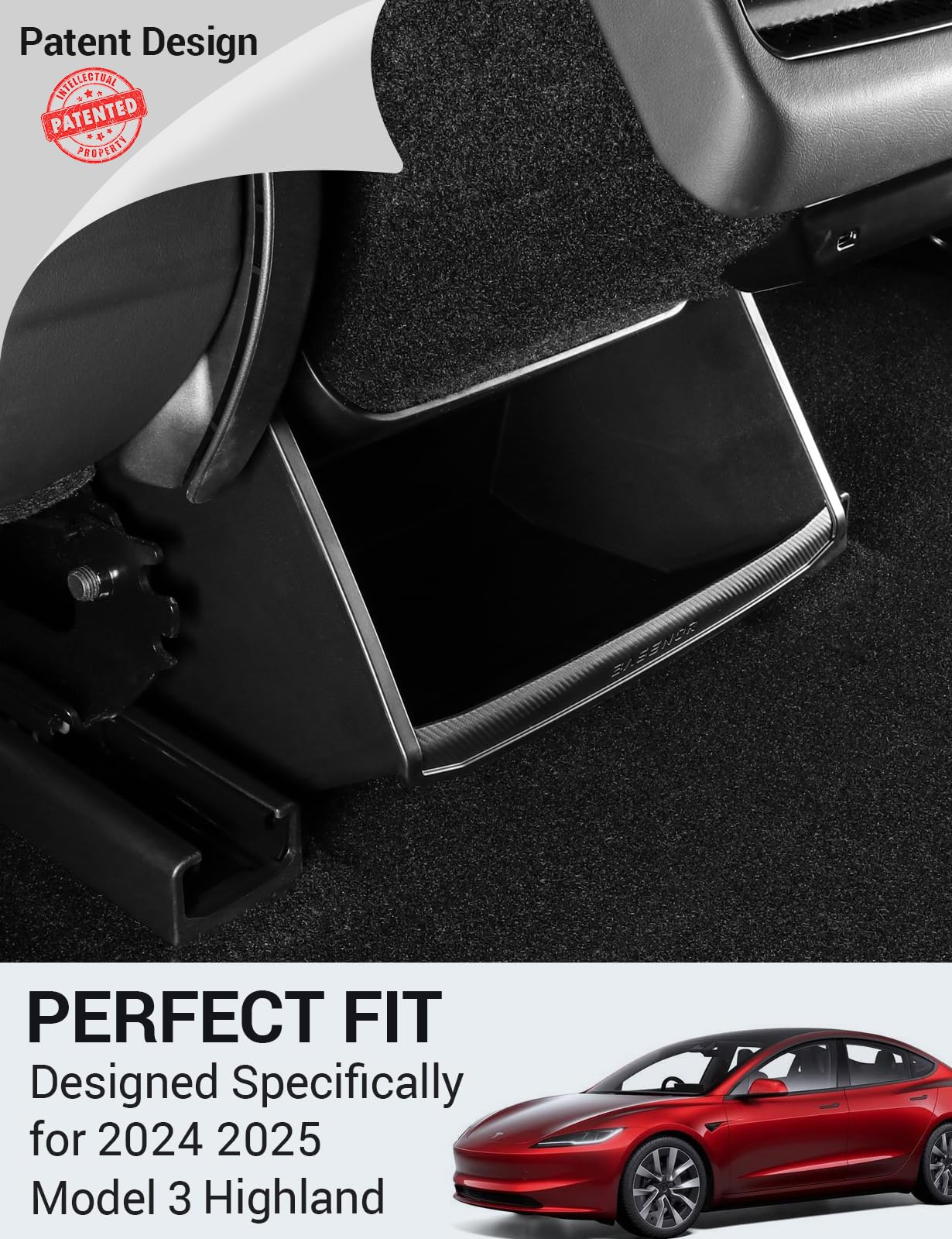 BASENOR 2024 2025 Tesla Model 3 Rear Trash Can Center Console Organizer [Carbon Edition] Backseat Storage Box Rear Middle Bin 2nd Row Seat Organizer for Model 3 Interior Accessories