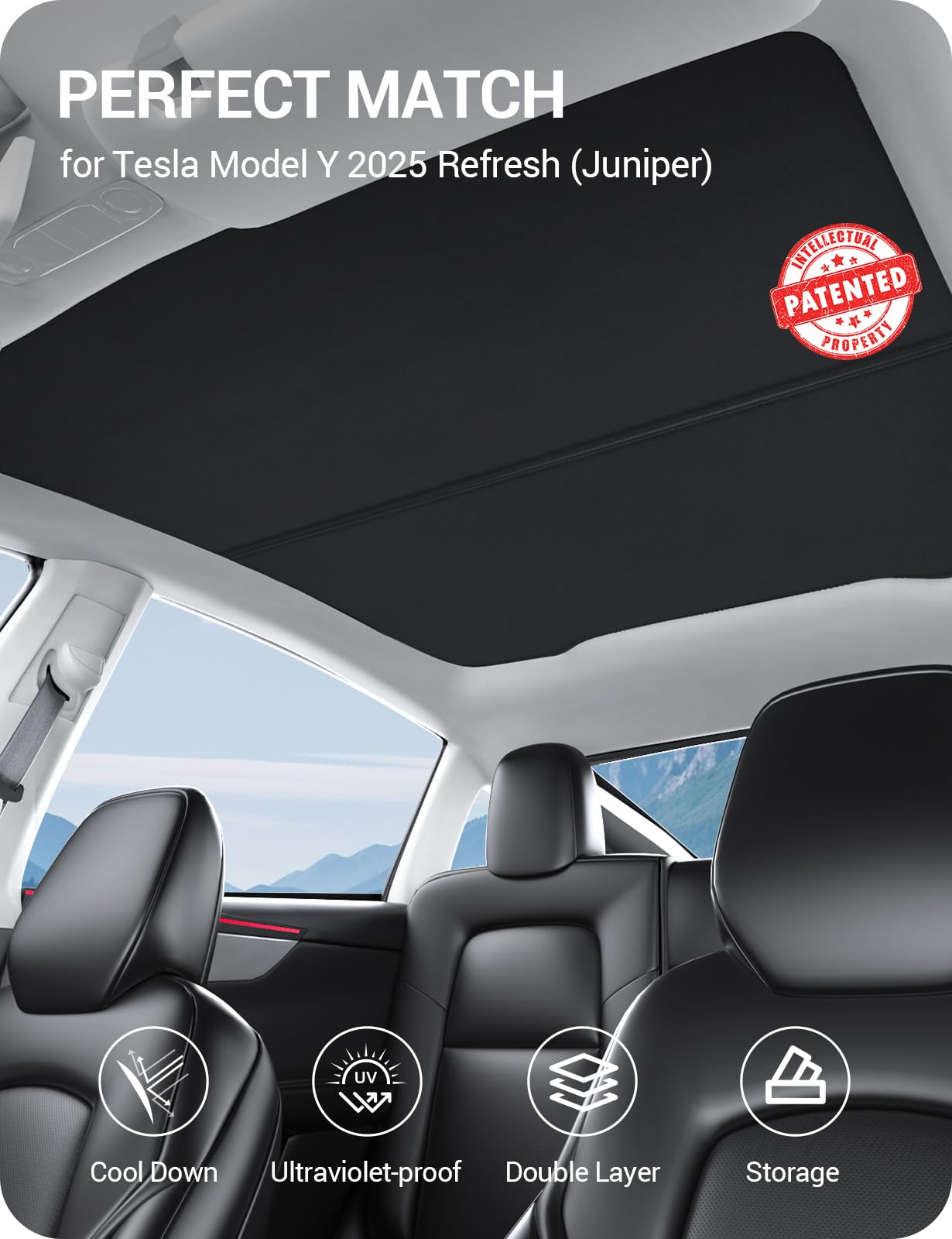 BASENOR 2025 Tesla Model Y Juniper Sunshade Roof [No Gap] [Nano Ice-Crystal Coating] Sunroof Shade, Heat Insulation Foldable Glass Roof UV Blocking Cover for New Model Y Refresh Accessories Black