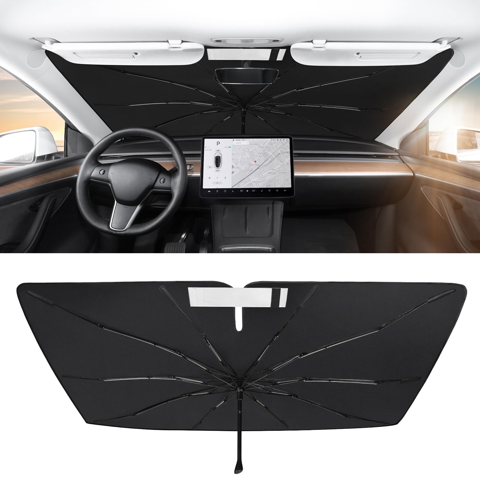 BASENOR 2017-2025 Telsa Model 3 Model Y Windshield Sunshade [Nano Ice Crystal Particle] Umbrella Front Window Sun Shade [No Gaps] Coating 100% Heat Protection Retractable Sunshades Telsa Accessories