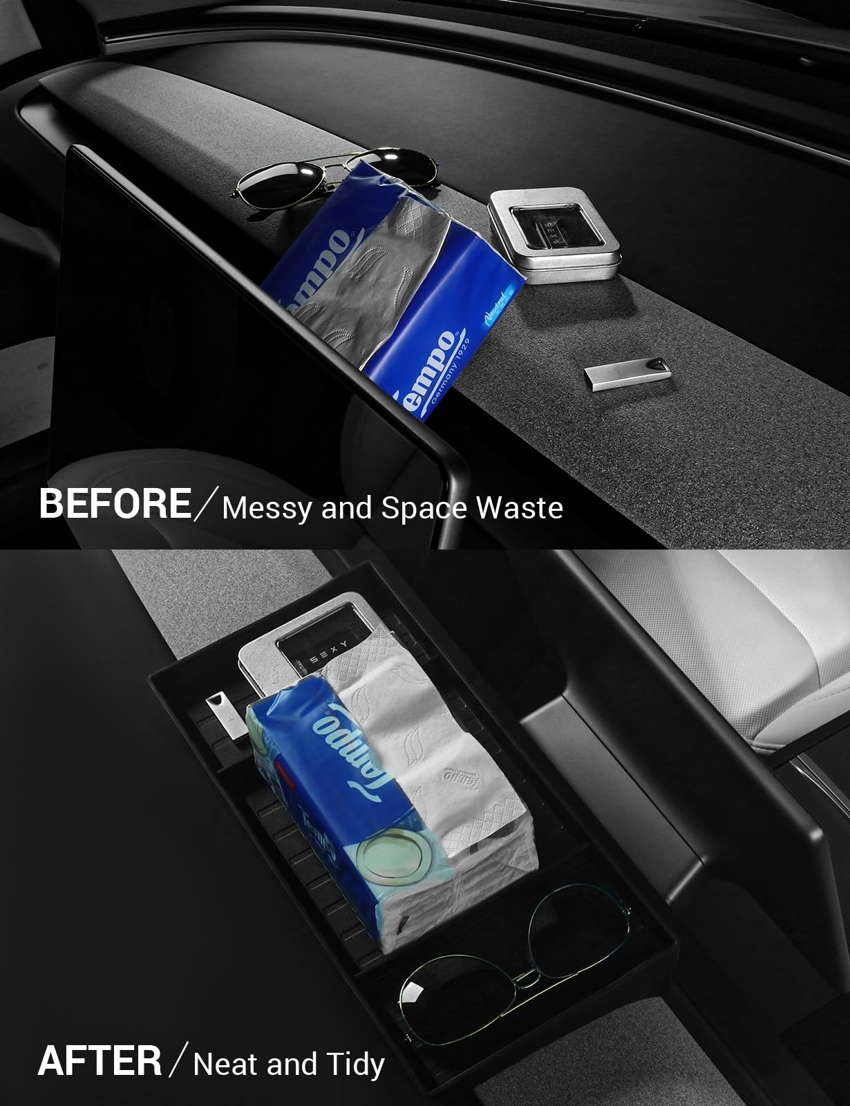 BASENOR Center Console Behind Screen Storage for 2024 2025 Tesla Model 3(Highland) 2025 Tesla Model Y Refresh (Juniper), Dashboard Hidden Organizer Tray, Non-Slip Sunglasses Tissue Key Holder