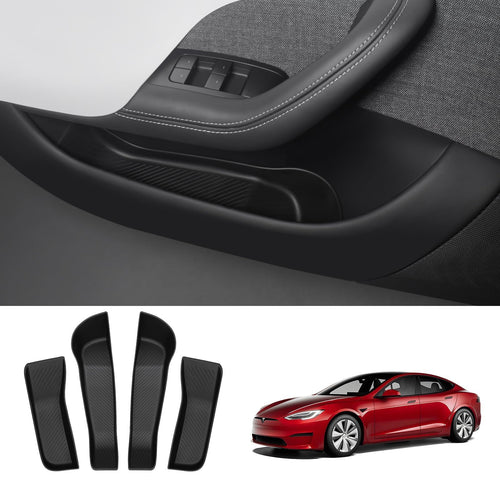 BASENOR 2021-2025 Tesla Model S Door Side Storage Box, Door Organizer Tray Front Rear Slot Pockets, Protector Liner for Model S/S Plaid Accessories Set of 4