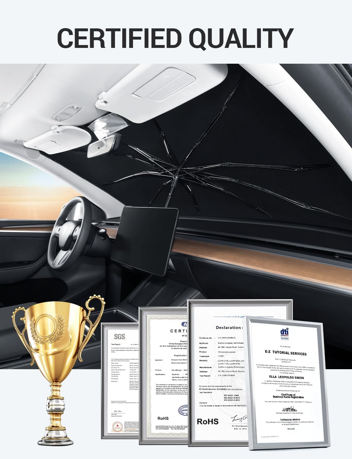 BASENOR 2017-2025 Telsa Model 3 Model Y Windshield Sunshade [Nano Ice Crystal Particle] Umbrella Front Window Sun Shade [No Gaps] Coating 100% Heat Protection Retractable Sunshades Telsa Accessories