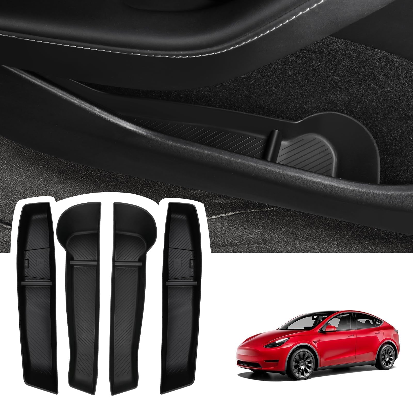 BASENOR 2024-2020 Tesla Model Y Door Side Storage Box with Emergency Button Cutout, Door Organizer Pocket Liners, Waterproof TPE Front & Rear Side Tray Protector Liner Set of 4