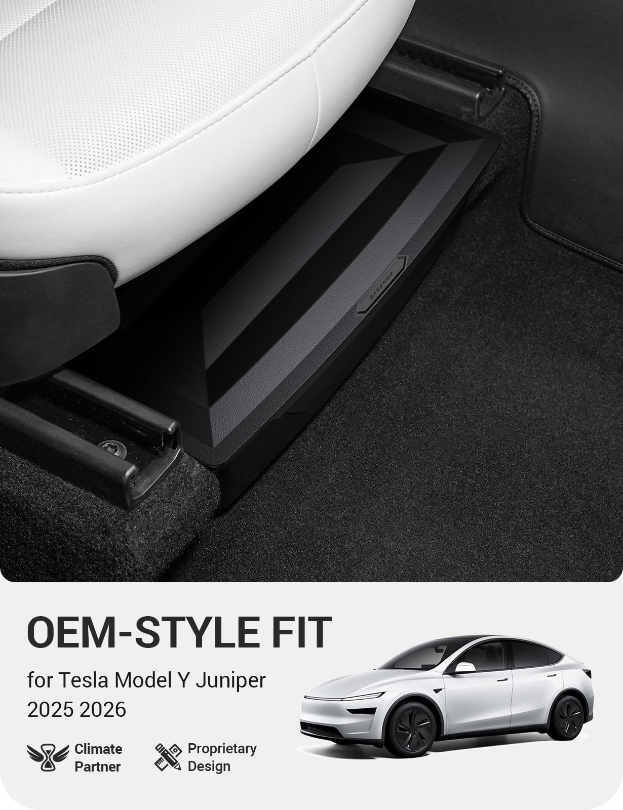 BASENOR 2PCS 2026 Tesla Model Y Juniper Under Seat Storage Box, Hidden Organizer Tray [No-Slip] with Dust Lid, Underseat Storage for 2025 2026 Model Y Juniper (Standard/Premium/Performance)