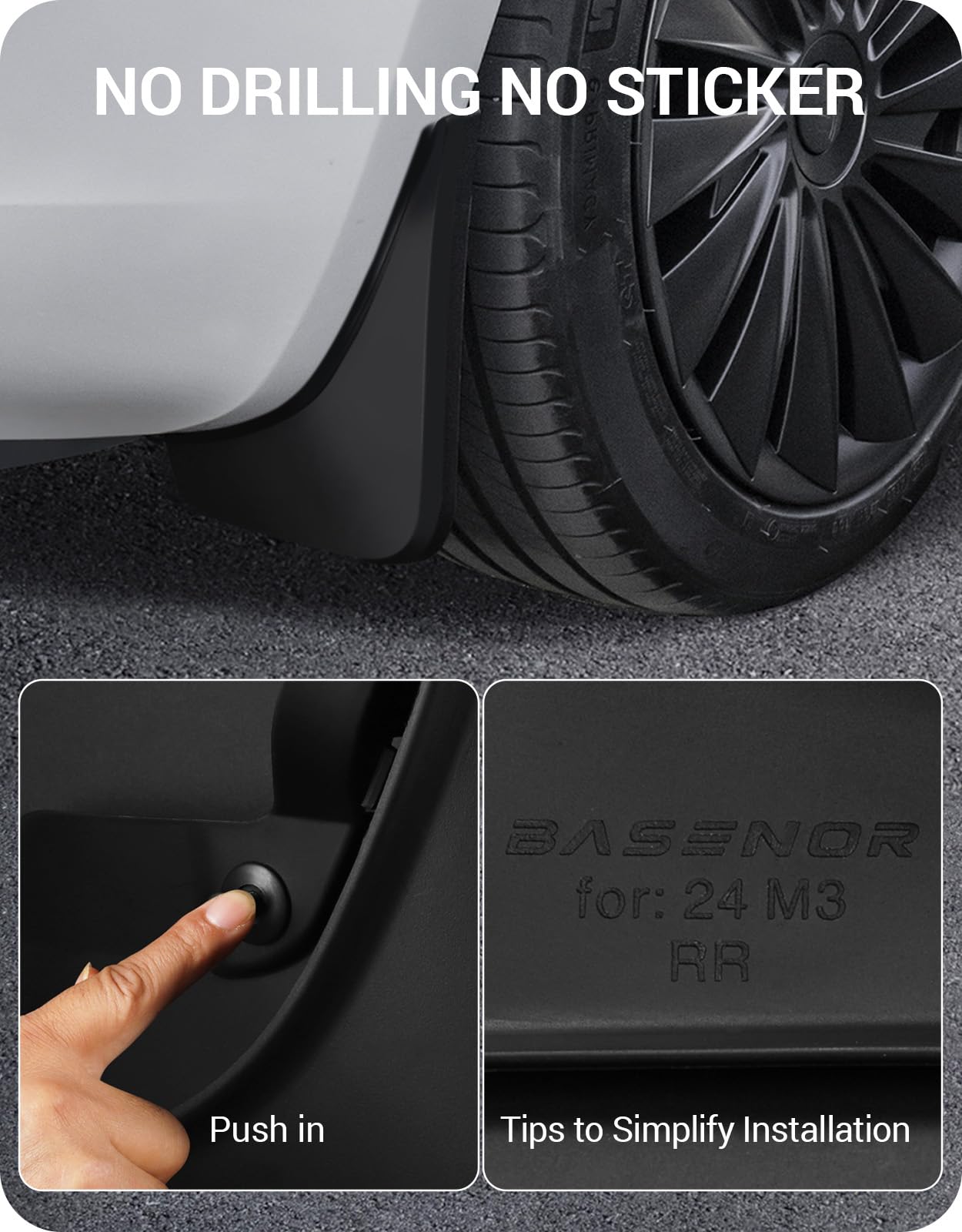 BASENOR Upgraded 2024 2025 Tesla Model 3 Highland Mud Flaps Splash Guards Fenders No Drilling No Tape Mudflaps All Weather Protector Mudguards for Tesla Model 3 Exterior Accessories (Set of 4)