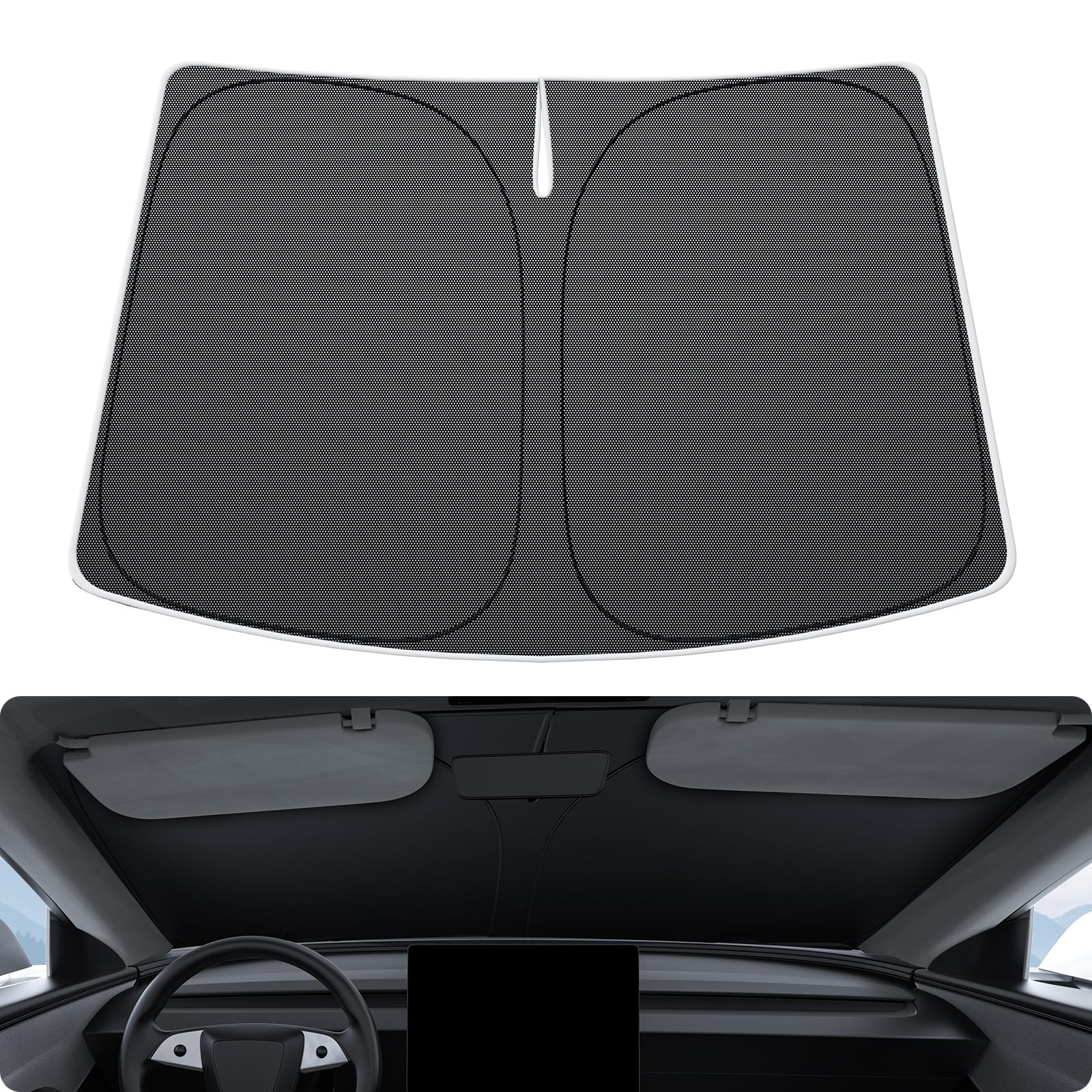 BASENOR 2025-2017 Tesla Model Y Model 3 Windshield Sunshade [Nano Ice Crystal], Folding Front Window Sun Shade Full Cover, Heat UV Protection Visor Tesla Accessories Black