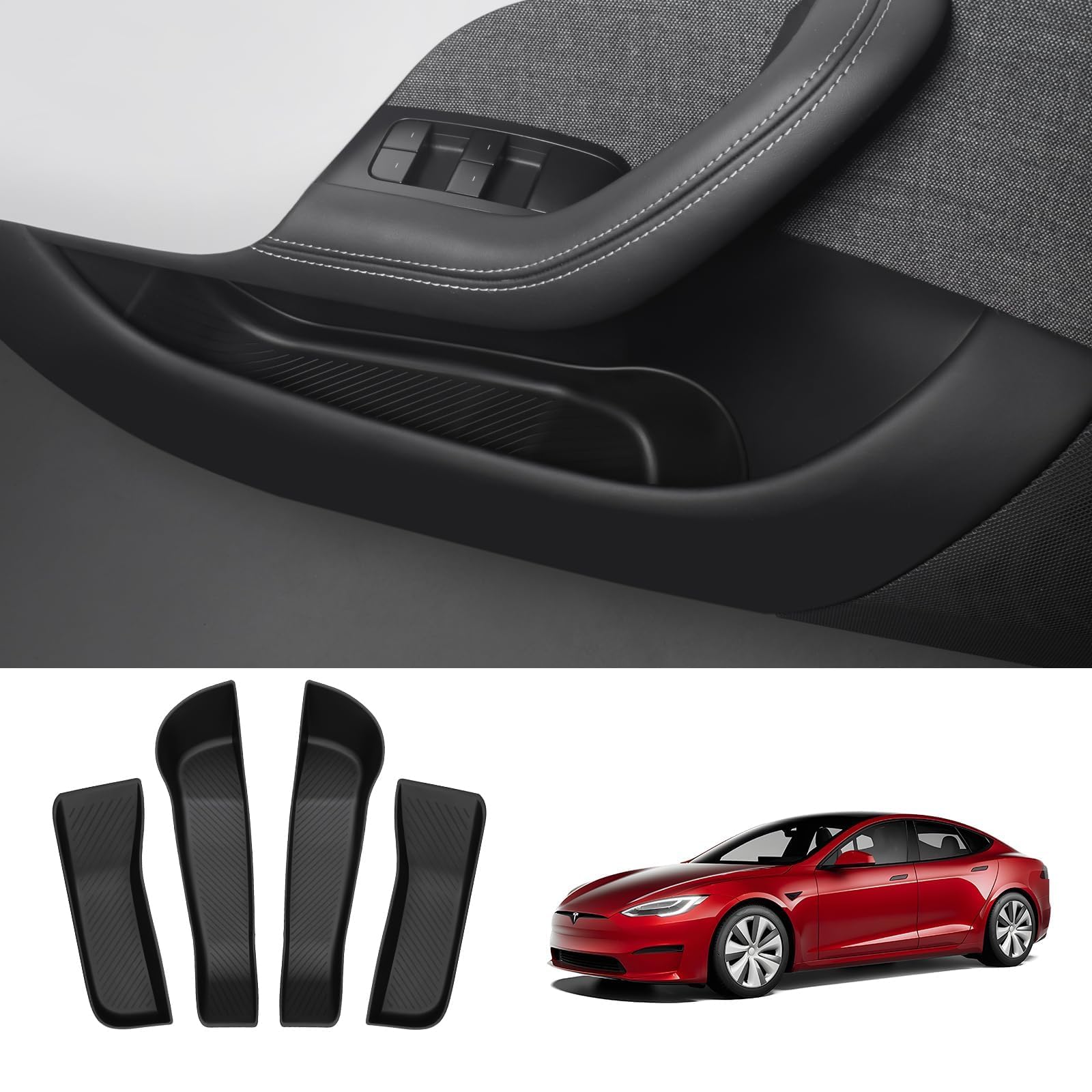 BASENOR 2021-2025 Tesla Model S Door Side Storage Box, Door Organizer Tray Front Rear Slot Pockets, Protector Liner for Model S/S Plaid Accessories Set of 4