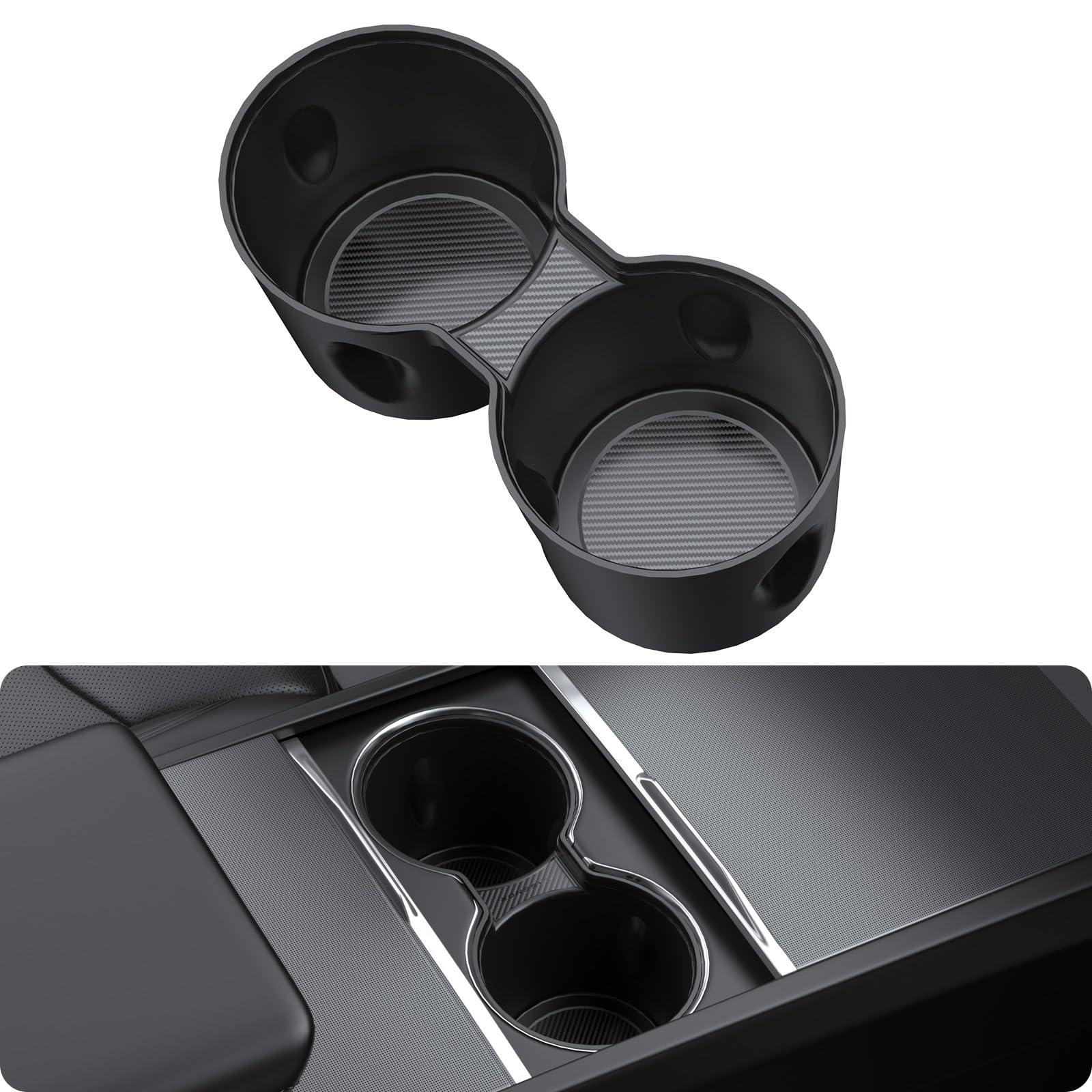 BASENOR Center Console Cup Holder Insert [Carbon Edition] [Fit Trenta Cups] for Tesla Model 3 Highland 2024-2026 Tesla Model Y 2026 Refresh (Juniper), Tesla Refresh Interior Accessories