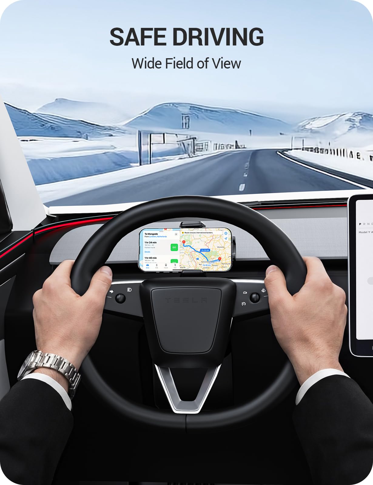 BASENOR Phone Mount for 2025 2026 Tesla Model Y Juniper/Model 3 Highland, Dashboard Phone Holder Does Not Block View [No Adhesive][Dual Arms][360° Adjustable] Tesla Accessories Fit All Smartphone - Image 5