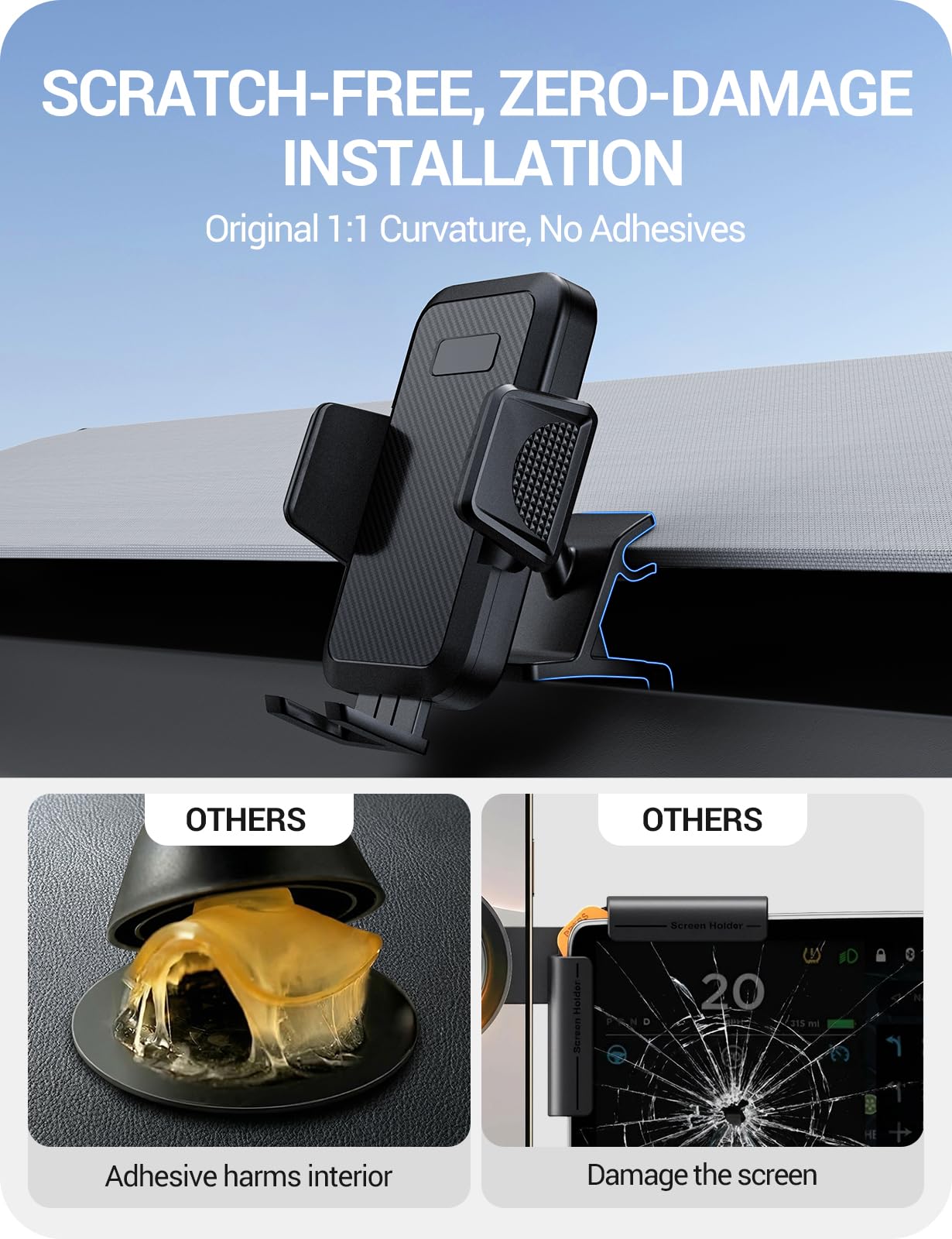 BASENOR Phone Mount for 2025 2026 Tesla Model Y Juniper/Model 3 Highland, Dashboard Phone Holder Does Not Block View [No Adhesive][Dual Arms][360° Adjustable] Tesla Accessories Fit All Smartphone - Image 7
