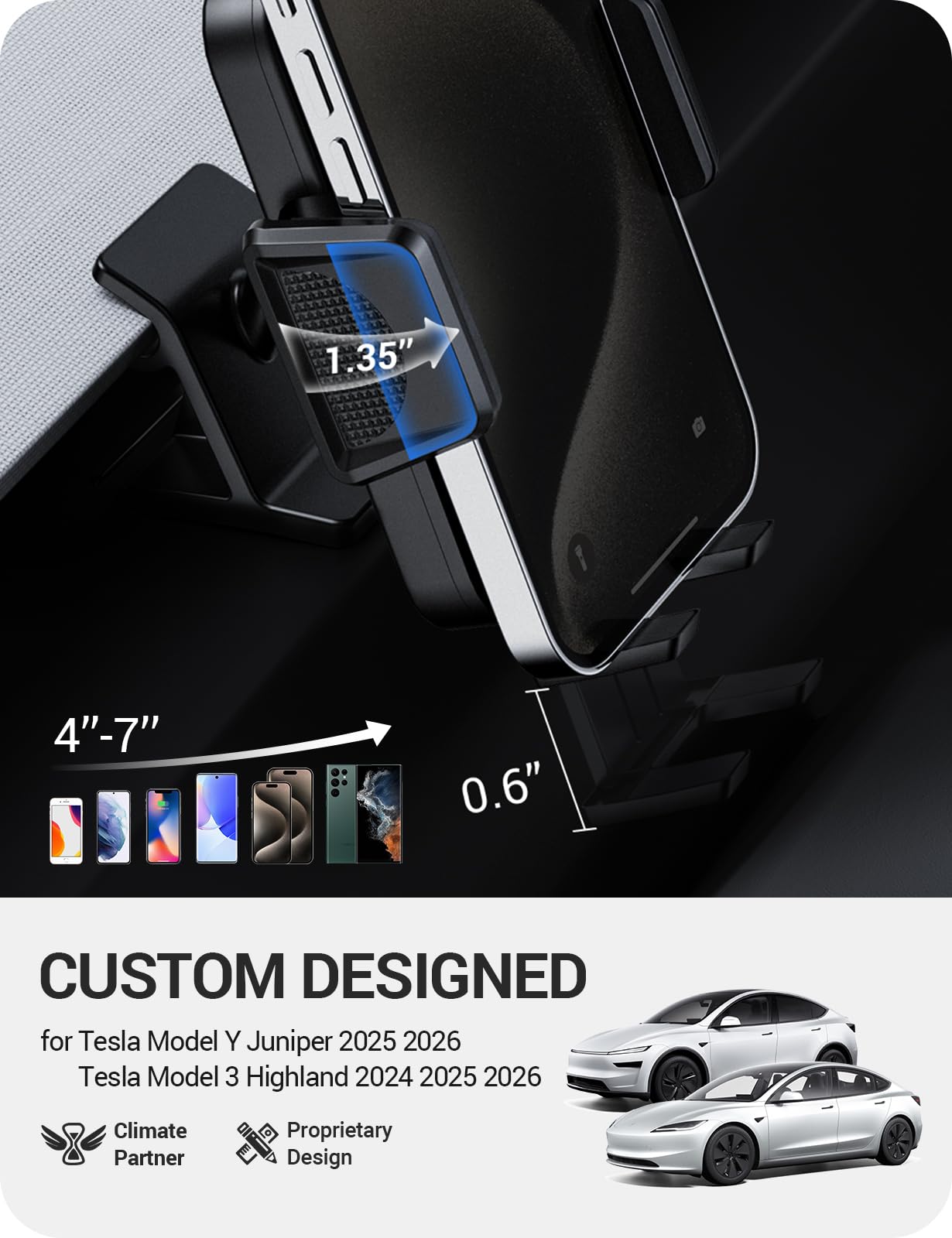 BASENOR Phone Mount for 2025 2026 Tesla Model Y Juniper/Model 3 Highland, Dashboard Phone Holder Does Not Block View [No Adhesive][Dual Arms][360° Adjustable] Tesla Accessories Fit All Smartphone - Image 8