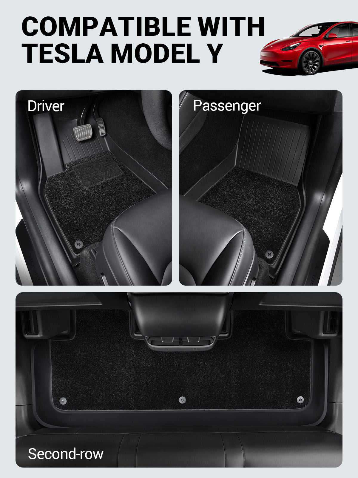 BASENOR Tesla Model Y Floor Mats Set All Weather Waterproof TPE Floor Mat Removable Anti-Slip Carpet Interior Liners Model Y Accessories 2020-2024 (3 PCS) - Image 2