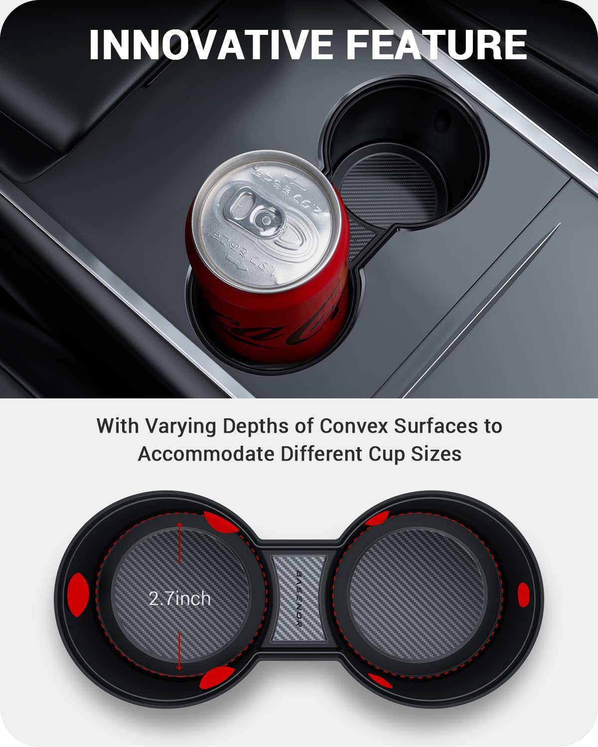 BASENOR Upgrade Center Console Cup Holder Insert [Carbon Edition] [Fit Trenta Cups] for 2021-2024 Tesla Model Y and 3 [Not Compatible with Model 3 2024-2026] - Image 7