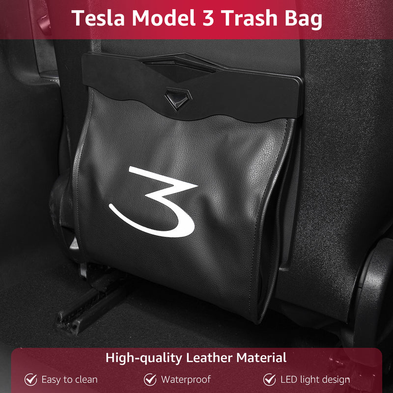 BASENOR PU Leather Garbage Bin with LED light for 2016-2023 Tesla Model 3