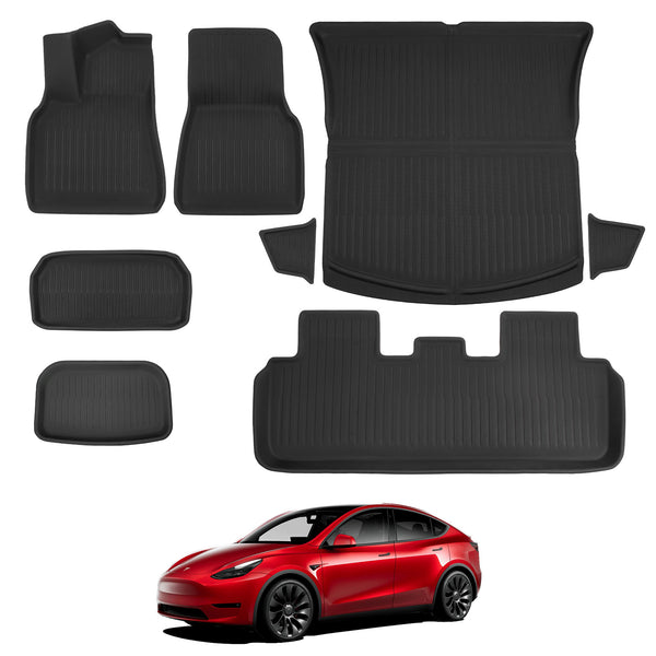 BASENOR 8PCS Tesla Model Y Floor Mats 3D Full Set Interior Liners All-Weather Anti-Slip Waterproof Frunk & Rear Trunk Mat Accessories for 5-Seat Model Y 2023 2022 2021 2020