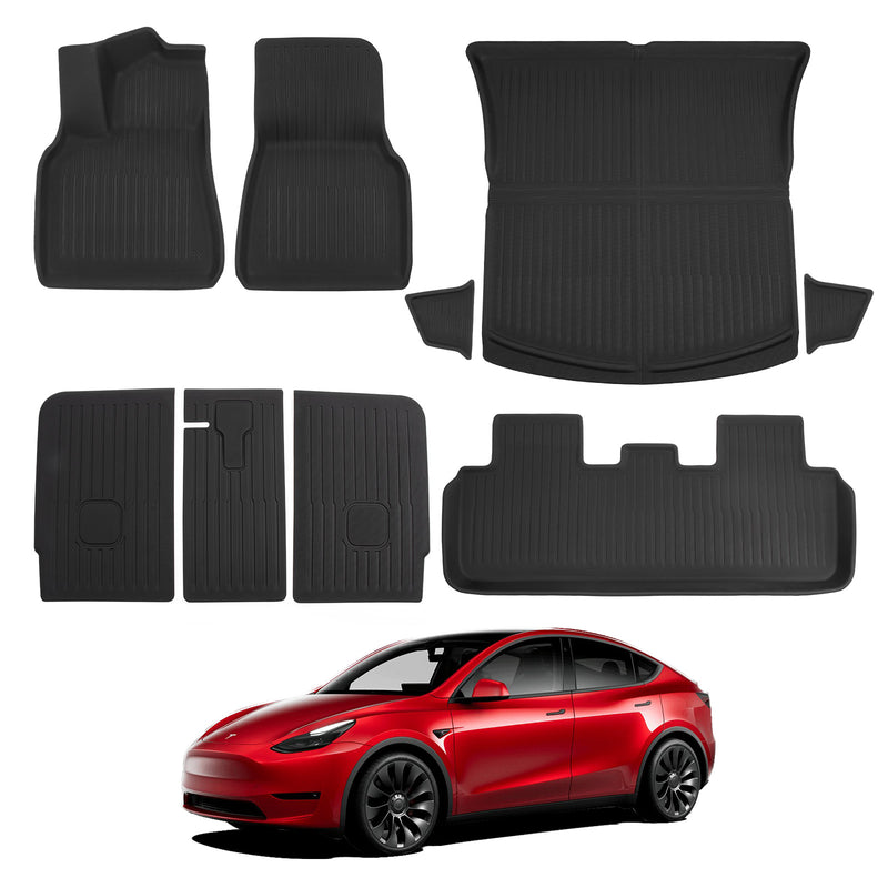 BASENOR 9PCS Tesla Model Y Floor Mats 3D Full Set Interior Liners All-Weather Anti-Slip Waterproof Trunk Mat Second Row Seats Back Cover Protector Mat Accessories