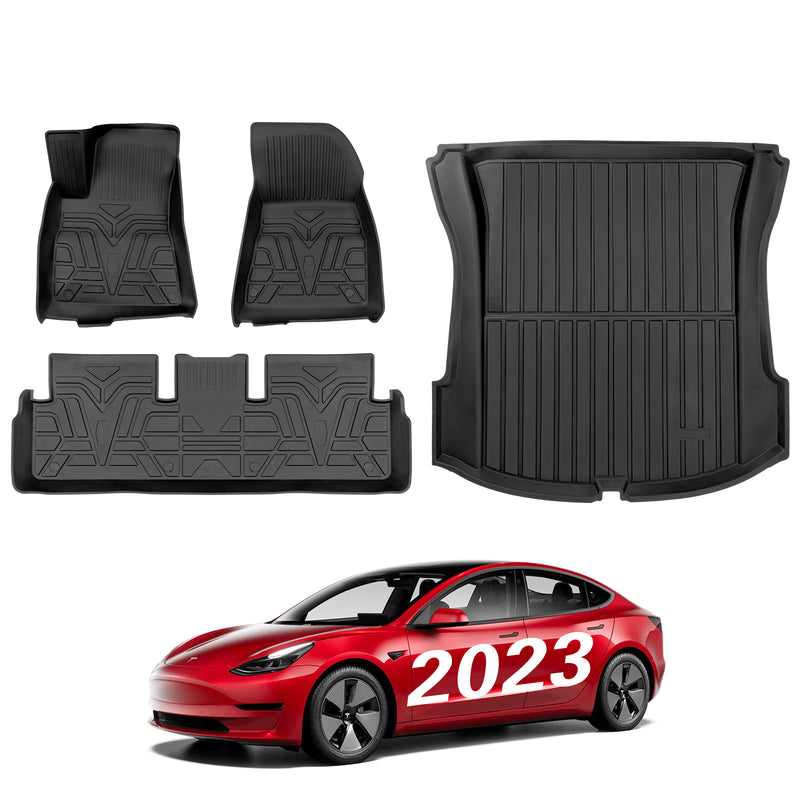 BASENOR 2023 2022 2021 Tesla Model 3 Floor Mats TPE All-Weather Floor  Liners & Trunk Mat Set Rear Cargo Liner for Model 3 Interior Accessories  4PCS