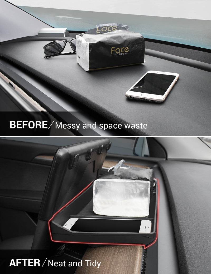 Basenor Tesla Model 3 Model Y Center Console Organizer Behind Screen Storage Box Dashboard Hidden Tray Non-Slip Sunglasses Holder Interior Accessories