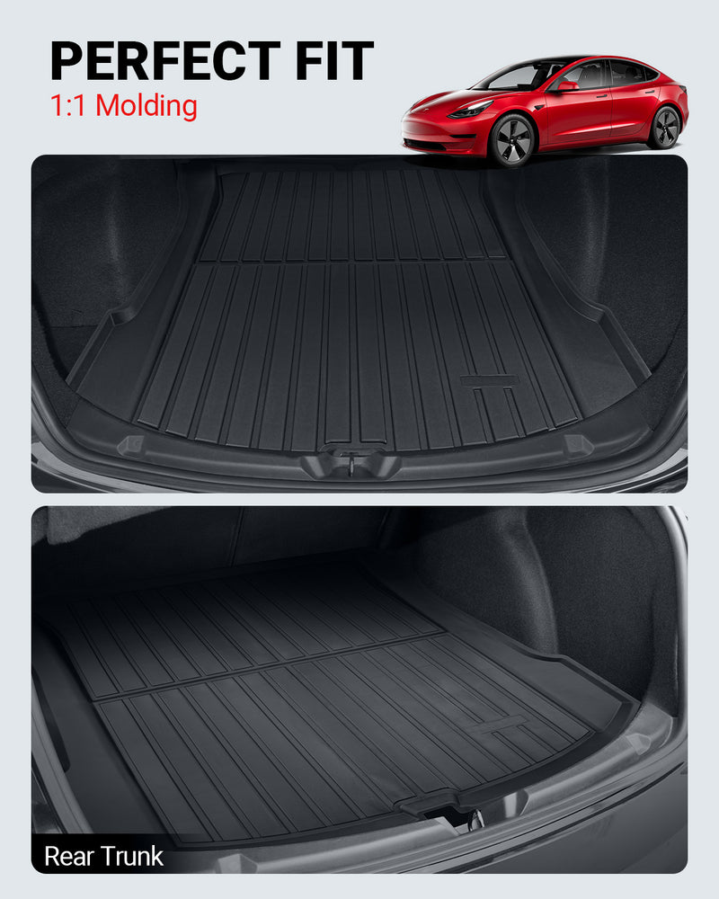 BASENOR 2023 2022 2021 Tesla Model 3 Floor Mats TPE All-Weather Floor Liners & Trunk Mat Set Rear Cargo Liner for Model 3 Interior Accessories 4PCS