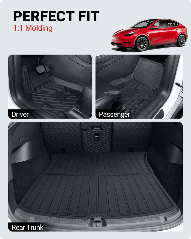 BASENOR 4PCS Tesla Model Y Floor Mats TPE All-Weather Floor Liners & Trunk Mat Set Rear Cargo Liner Interior Accessories for 5-Seater Model Y 2020-2023