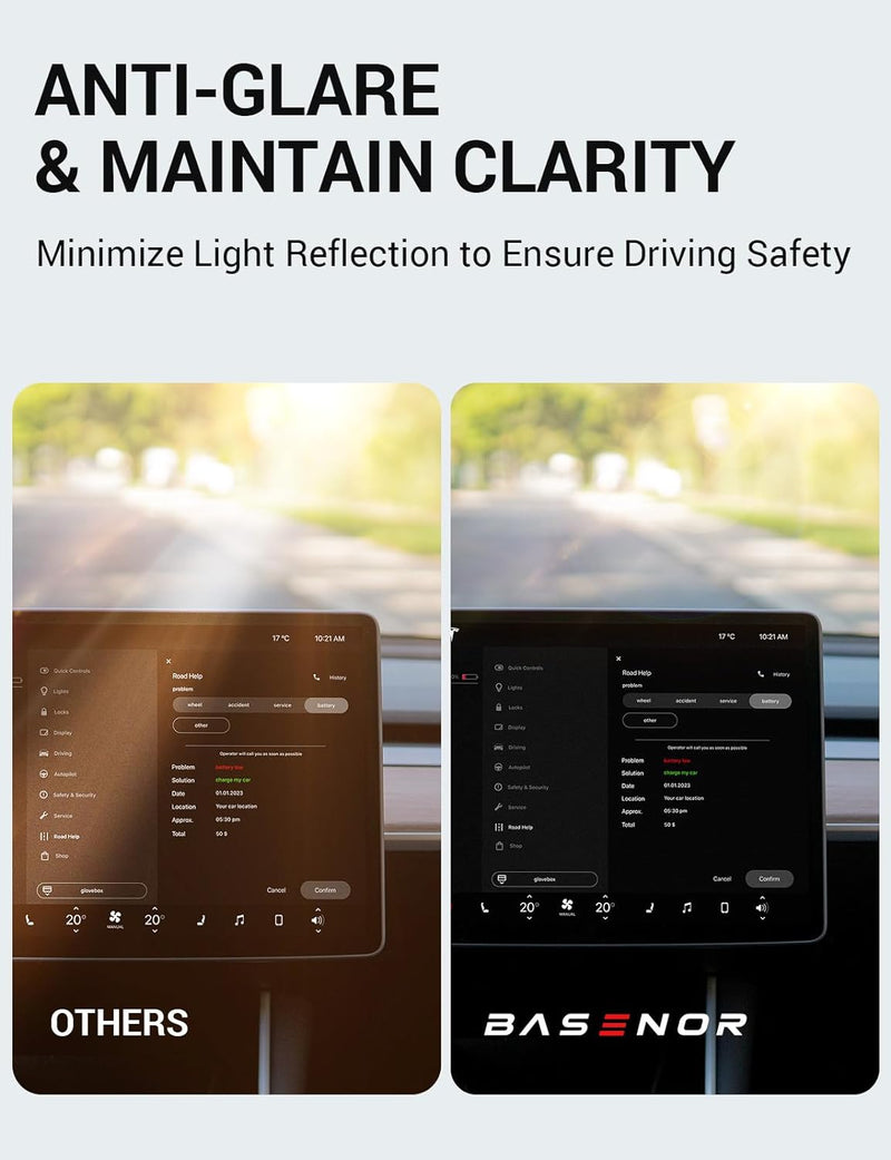 BASENOR Tesla Model Y Model 3 Screen Protector Matte Center Control Tempered Glass Touchscreen Protector 9H Anti Fingerprint Anti-Glare Interior Accessories Gen 2 (Not Suitable for 2024 Model 3)