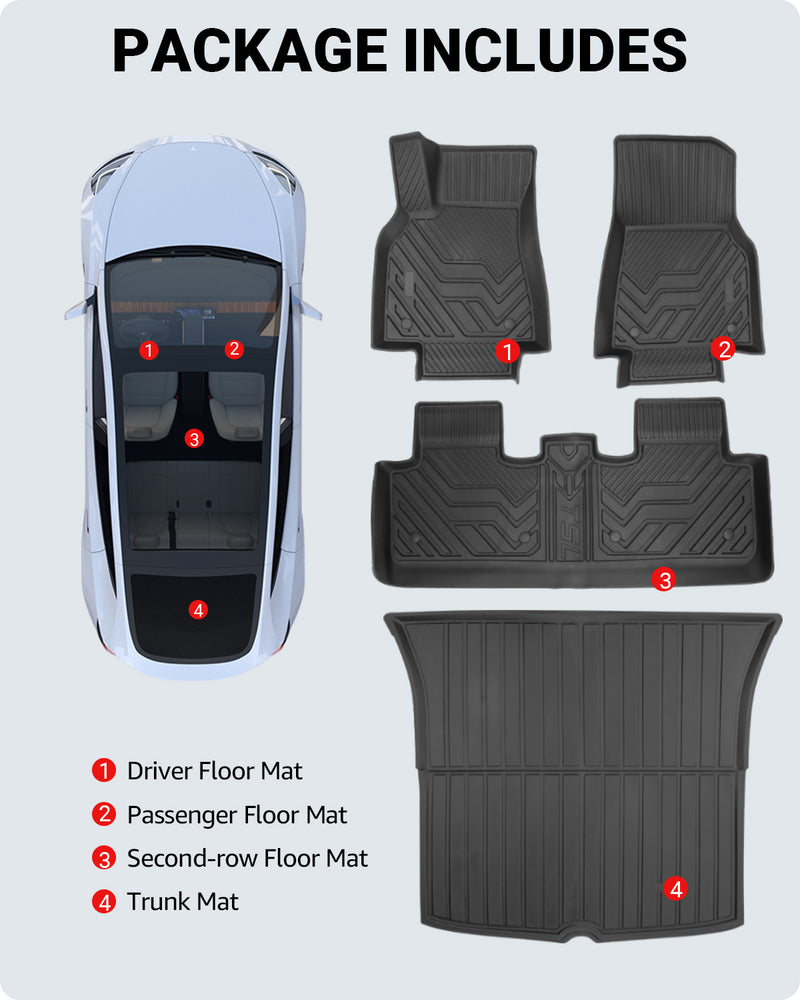 BASENOR 4PCS Tesla Model Y Floor Mats TPE All-Weather Floor Liners & Trunk Mat Set Rear Cargo Liner Interior Accessories for 5-Seater Model Y 2020-2023
