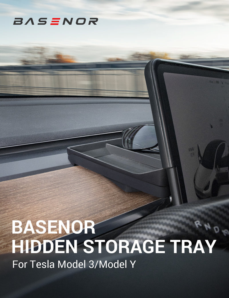 Basenor Tesla Model 3 Model Y Center Console Organizer Behind Screen Storage Box Dashboard Hidden Tray Non-Slip Sunglasses Holder Interior Accessories