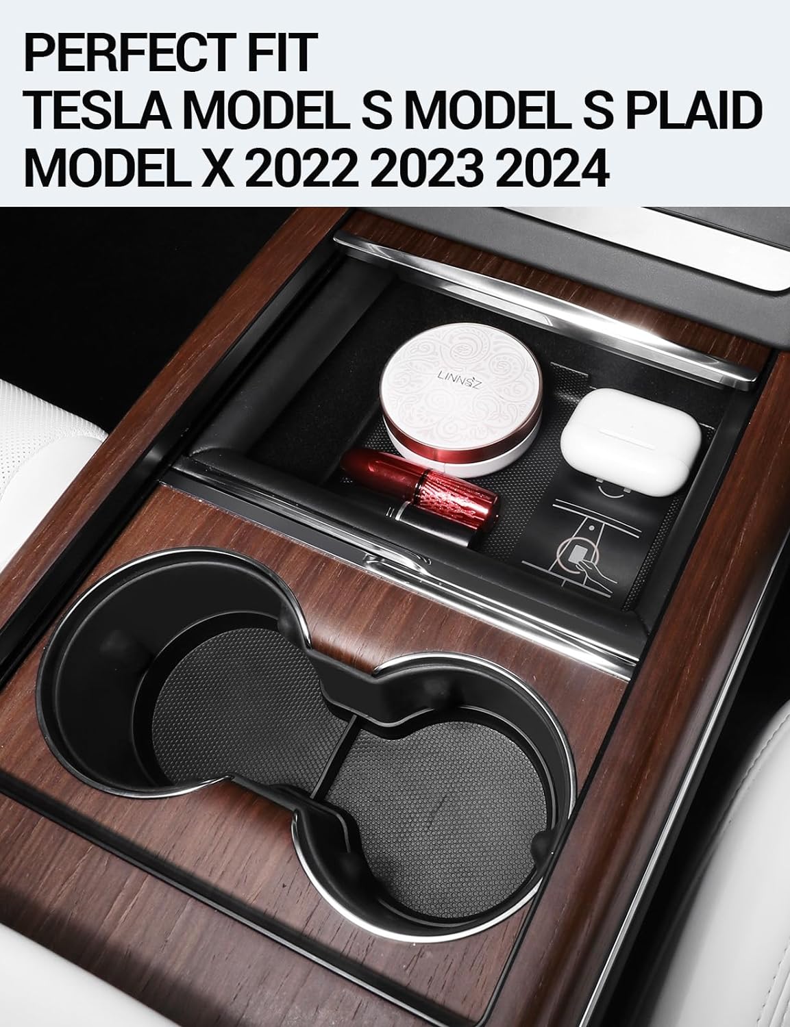 BASENOR Tesla Model S Model S Plaid Model X Model X Plaid Center Console Storage Organizer Box Tray Pad TPE Cup Holder Insert Mat for Tesla Interior Accessories 2024 2023 2022 (2 PCS) - Image 9