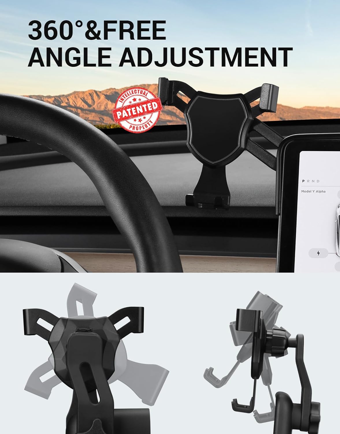 BASENOR Tesla Phone Mount Holder Model 3 Model Y Strong Adhesion 360° Adjustable Cell Phone Stand Tesla Interior Accessories Fit for All iPhone & Most Android (Not Fit 2024 Model 3) - Image 4